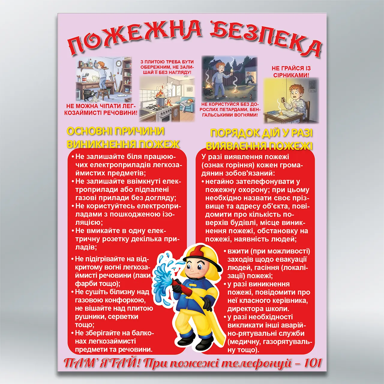 Дитячий стенд Пожежна безпека — правила та дії при пожежі 450х600 мм ПВХ 2 мм з лам
