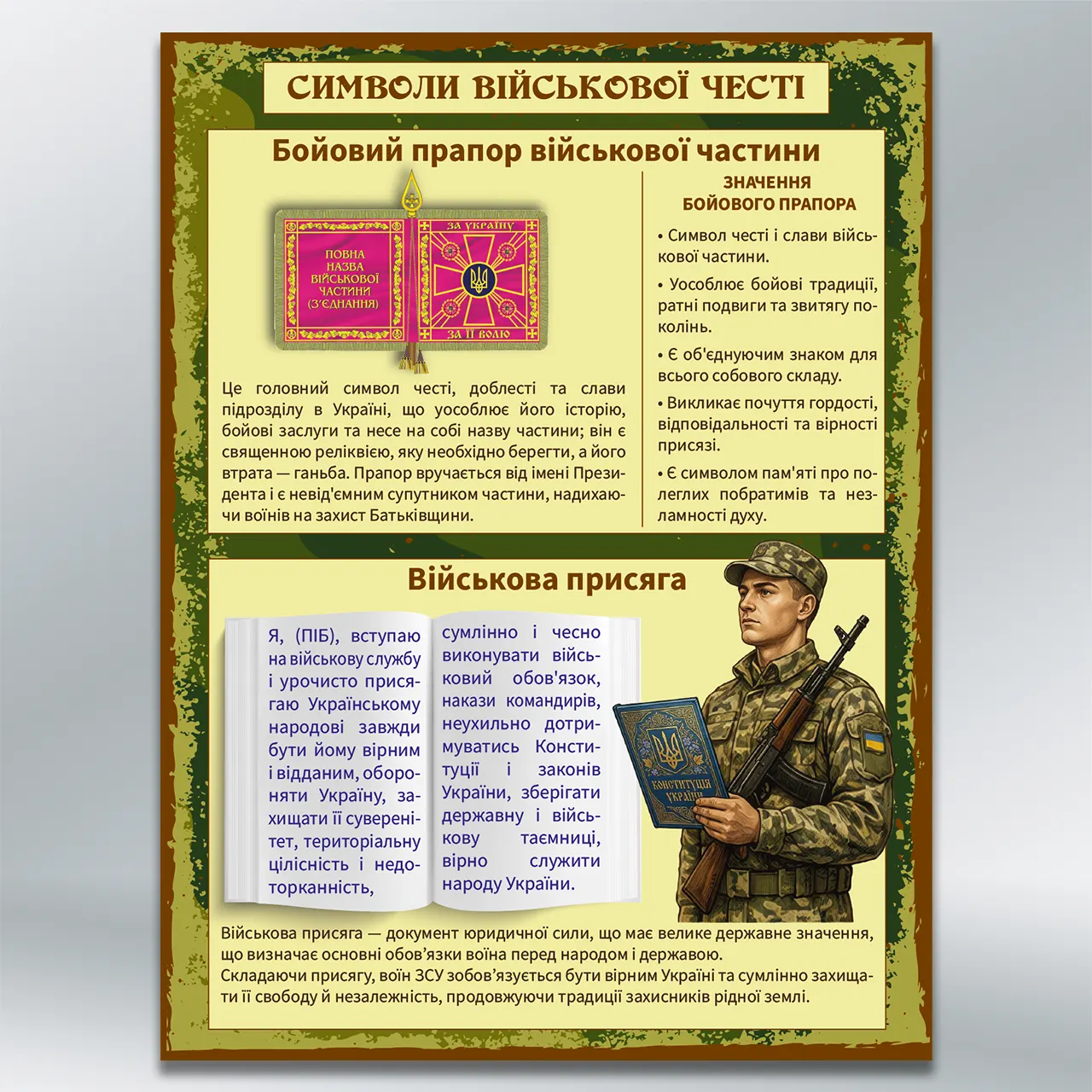 Інформаційний стенд Символи військової честі (Бойовий прапор Військова присяга) 450х600 мм ПВХ 3 мм без лам