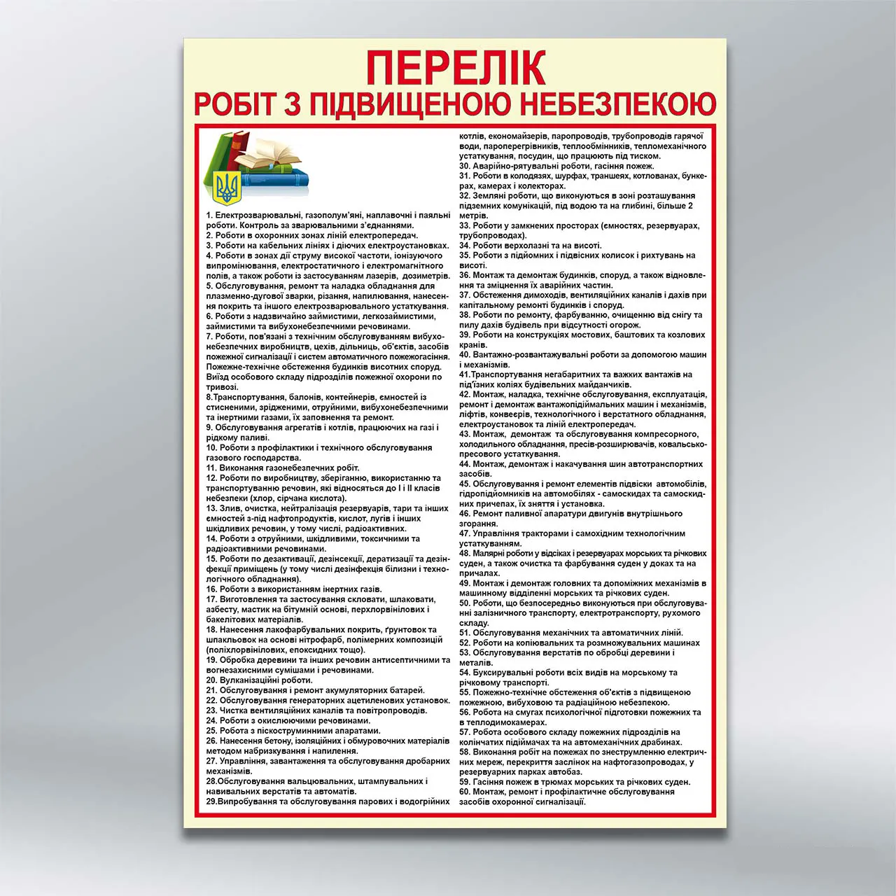 Стенд Перелік робіт з підвищеною небезпекою 550х800 мм ПВХ 3 мм з лам 2
