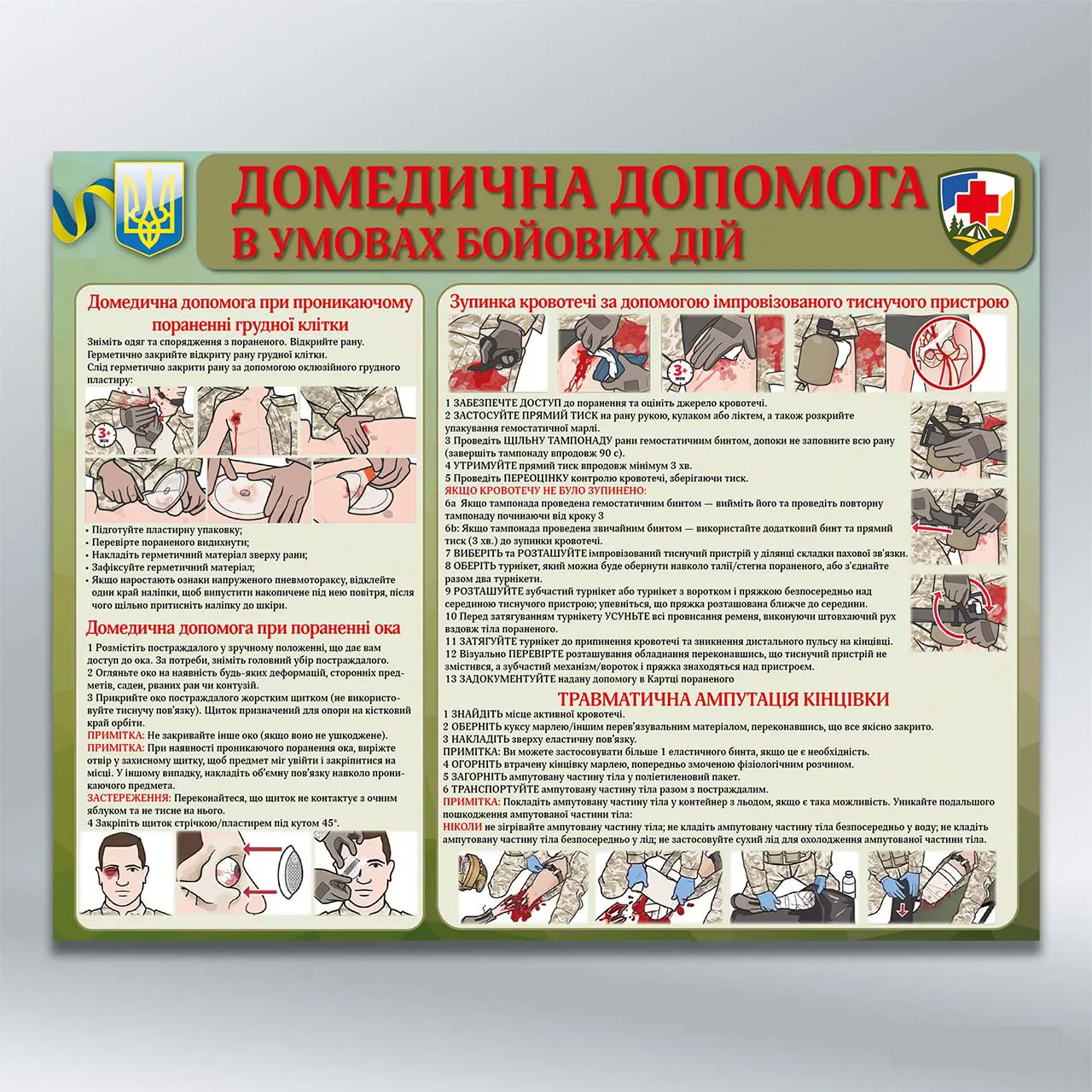Стенд Домедична допомога в умовах бойових дій Травми грудної клітки, очей, ампутації та зупинка кровотеч 1000х800 мм ПВХ 3 мм з лам