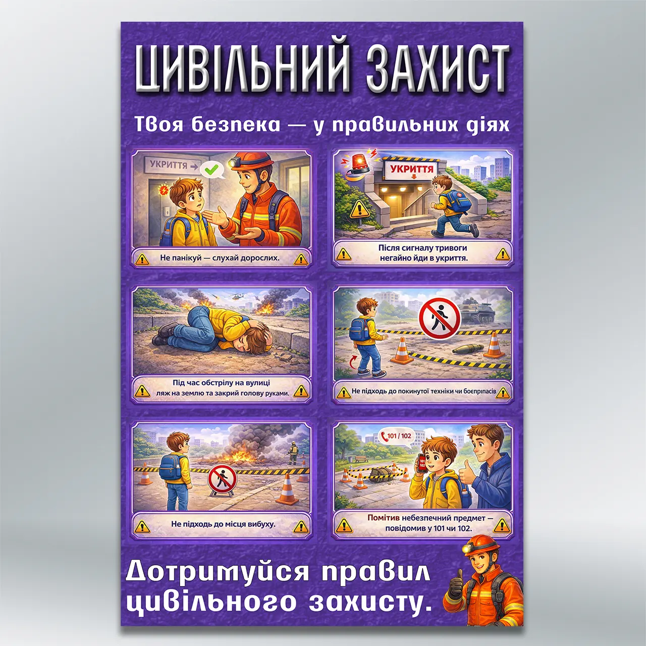 Дитячий стенд Цивільний захист — правила поведінки під час тривоги 400х600 мм ПВХ 2 мм без лам