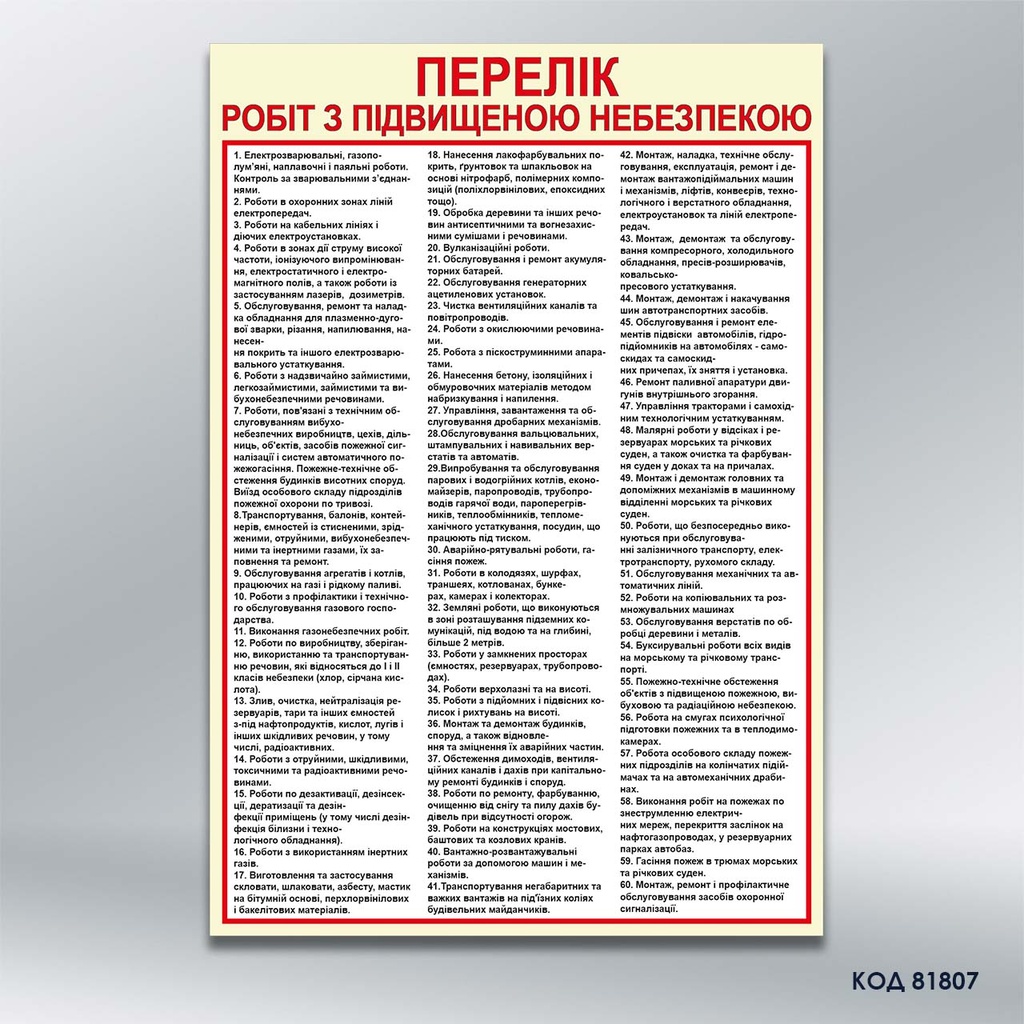 Стенд «Перелік робіт з підвищеною небезпекою» (код 81807)